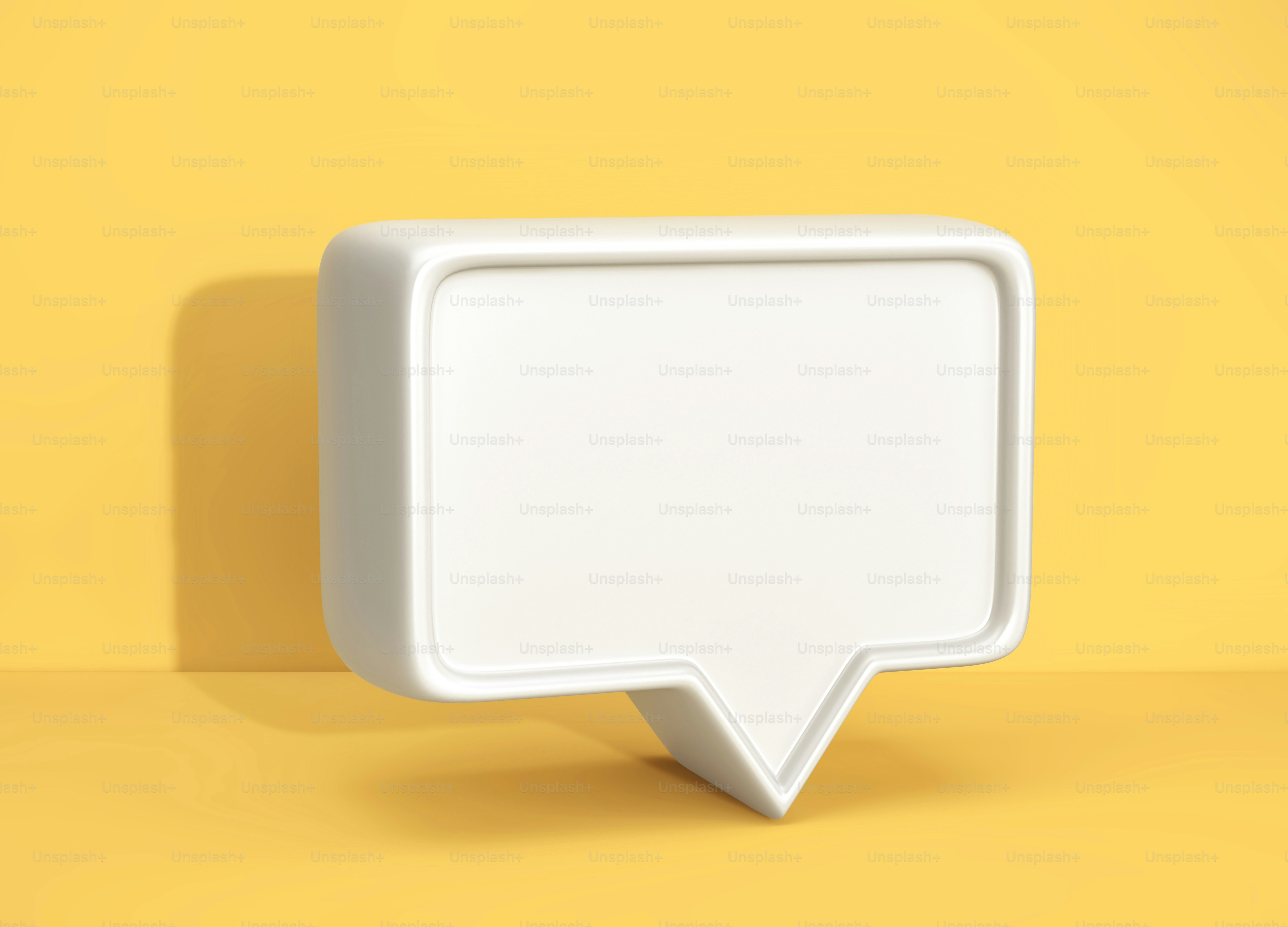 Social media notification icon, white bubble speech on yellow background. 3D rendering