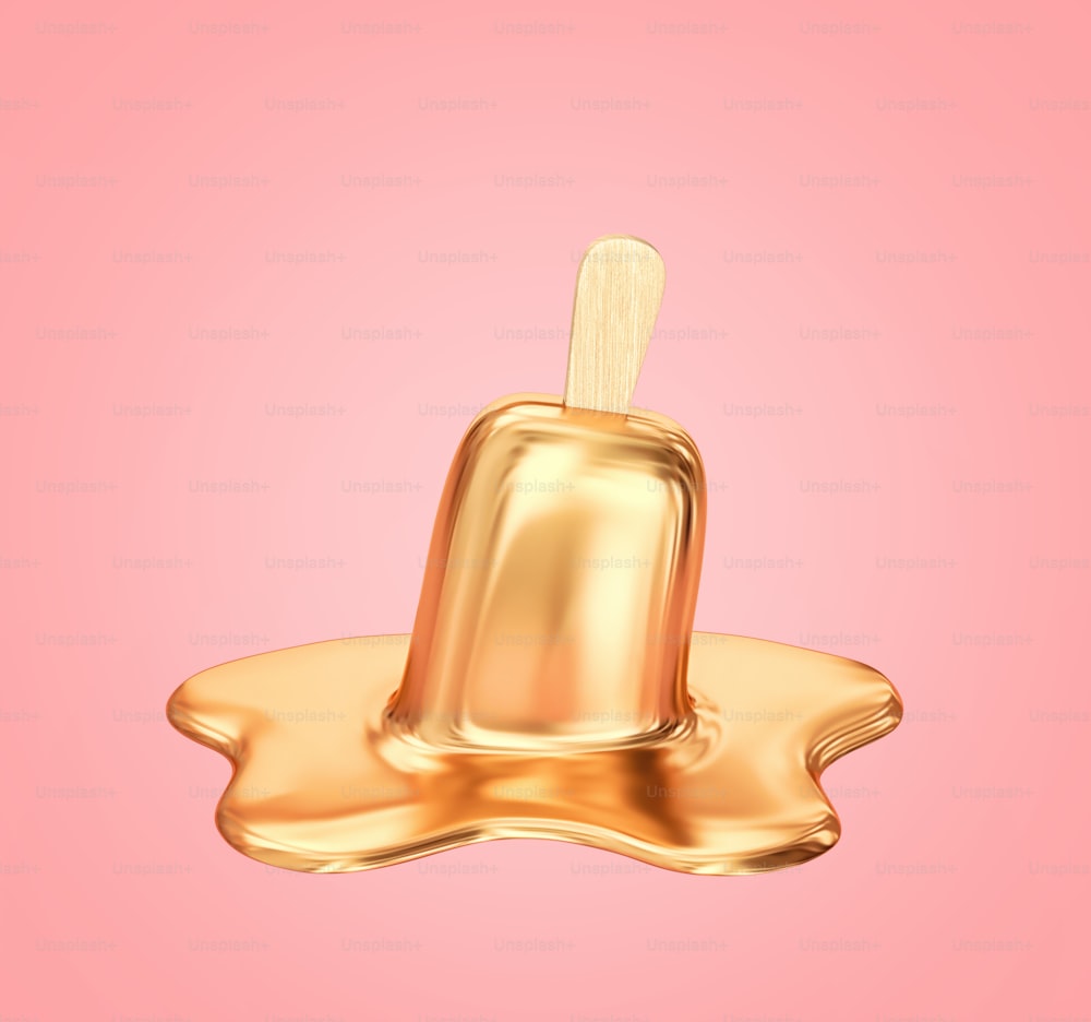 Melted golden ice cream isolated on pink background. 3D rendering with clipping path