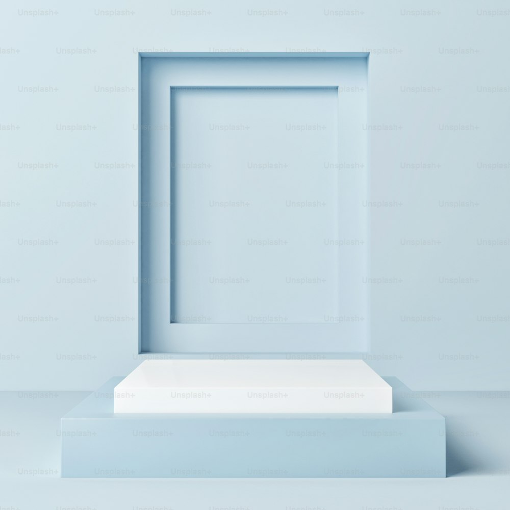 Mock up podio geometrico per presentazione del progetto, sfondo blu, rendering 3d, illustrazione 3d