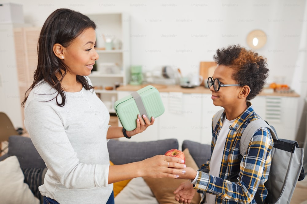 Side view portrait of young African-American woman giving apple to son while sending him to school