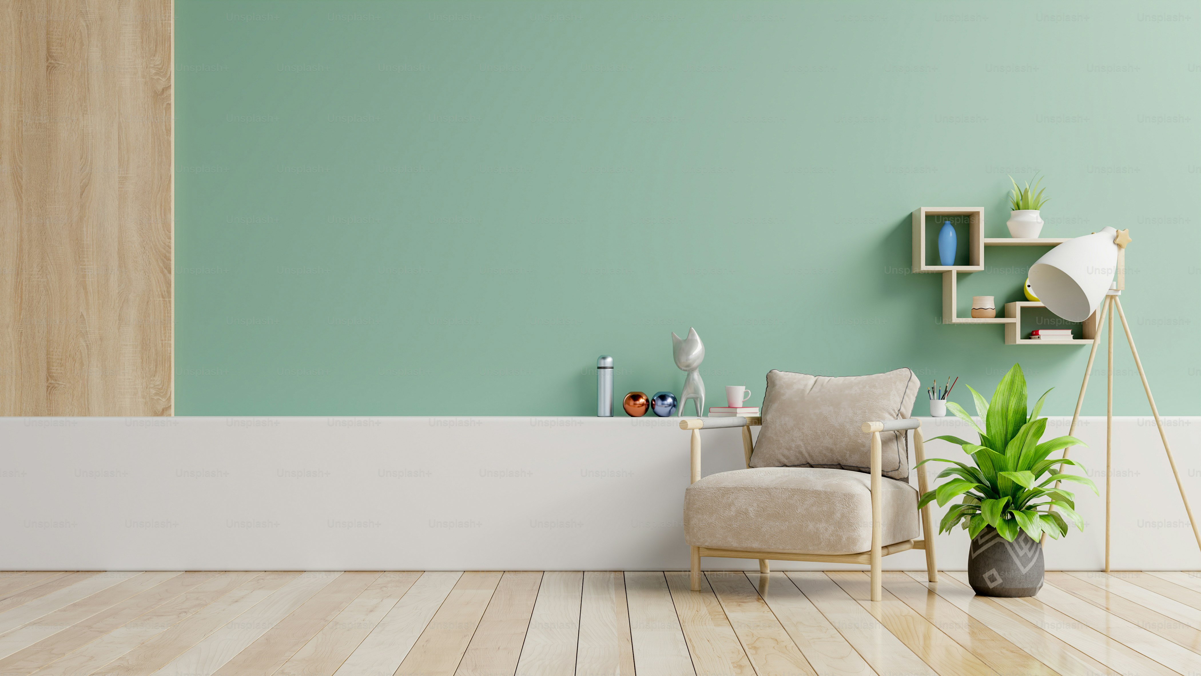 Der Innenraum hat einen Sessel auf leerem grünem Wandhintergrund, 3D-Rendering