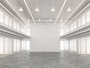 Espace commercial vide de style loft intérieur 3D rendu avec couleur blanche et sol en béton poli.