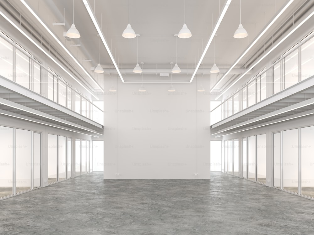 Vacío estilo loft espacio comercial interior 3d render con color blanco y piso de concreto pulido.