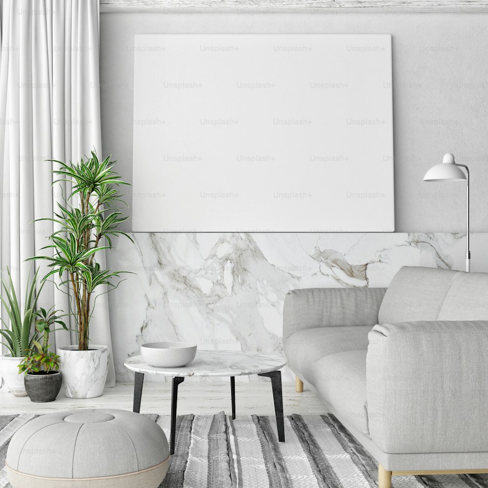 Poster mock up in hipster interior background. white marble room, 3d render, 3d illustration
