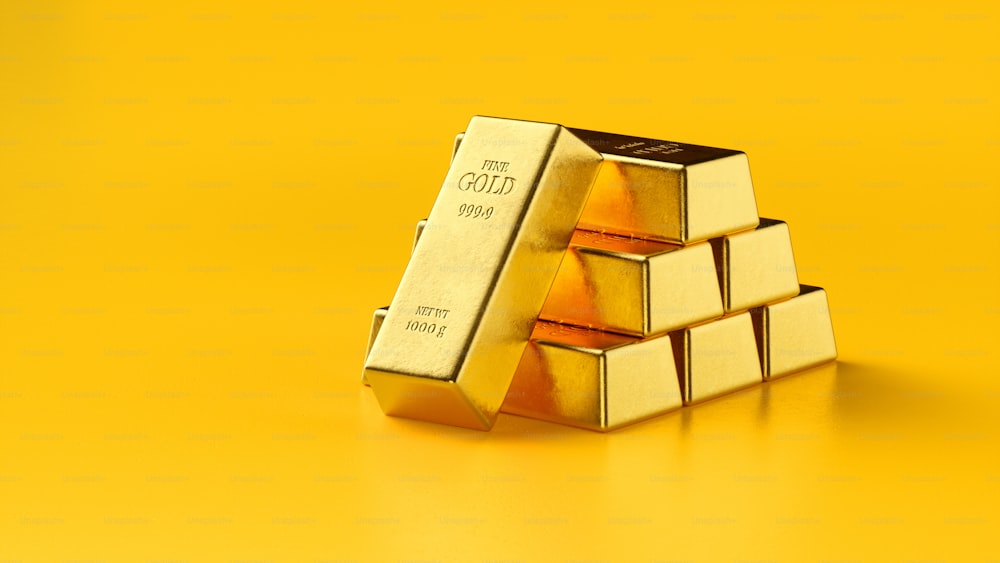 Goldbarren und Finanzkonzept, 3D-Rendering, konzeptionelles Bild.