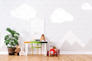 아름 다운 아이 방 인테리어와 장난감의 3d 렌더링