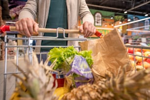 Manos de un cliente masculino maduro contemporáneo empujando el carrito con frutas y verduras frescas mientras visita el supermercado para comprar productos alimenticios
