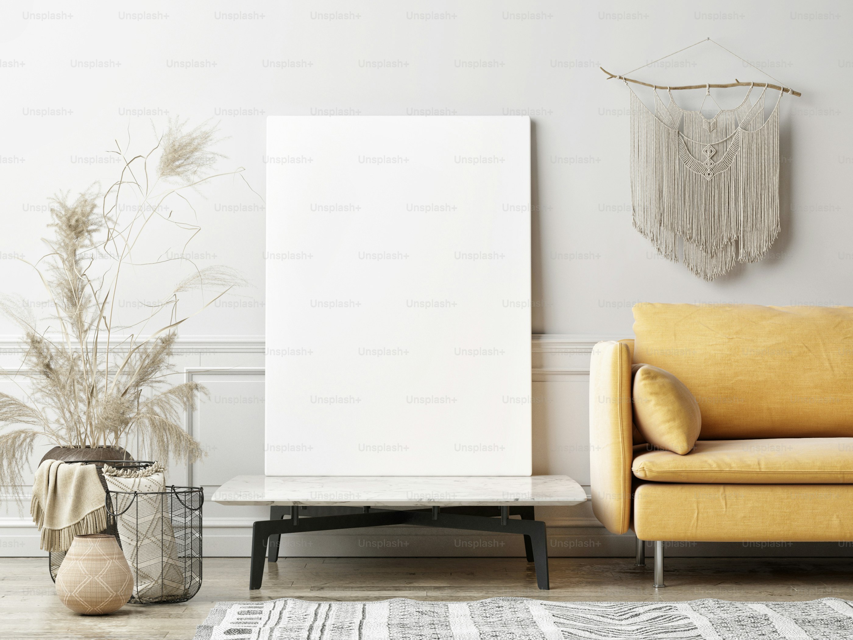 Mock up poster in living room, yellow sofa in bohemian style, 3d render, 3d illustration