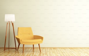 Interior moderno da sala de estar com poltrona amarela e luminária de chão renderização 3d