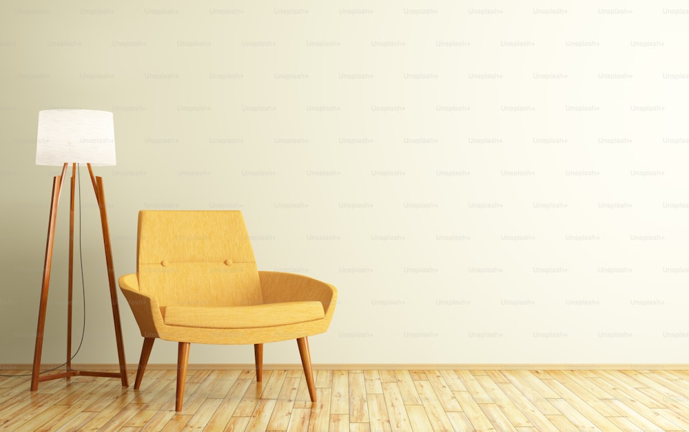 黄色い肘掛け椅子とフロアランプの3Dレンダリングを持つモダンなリビングルームの内部