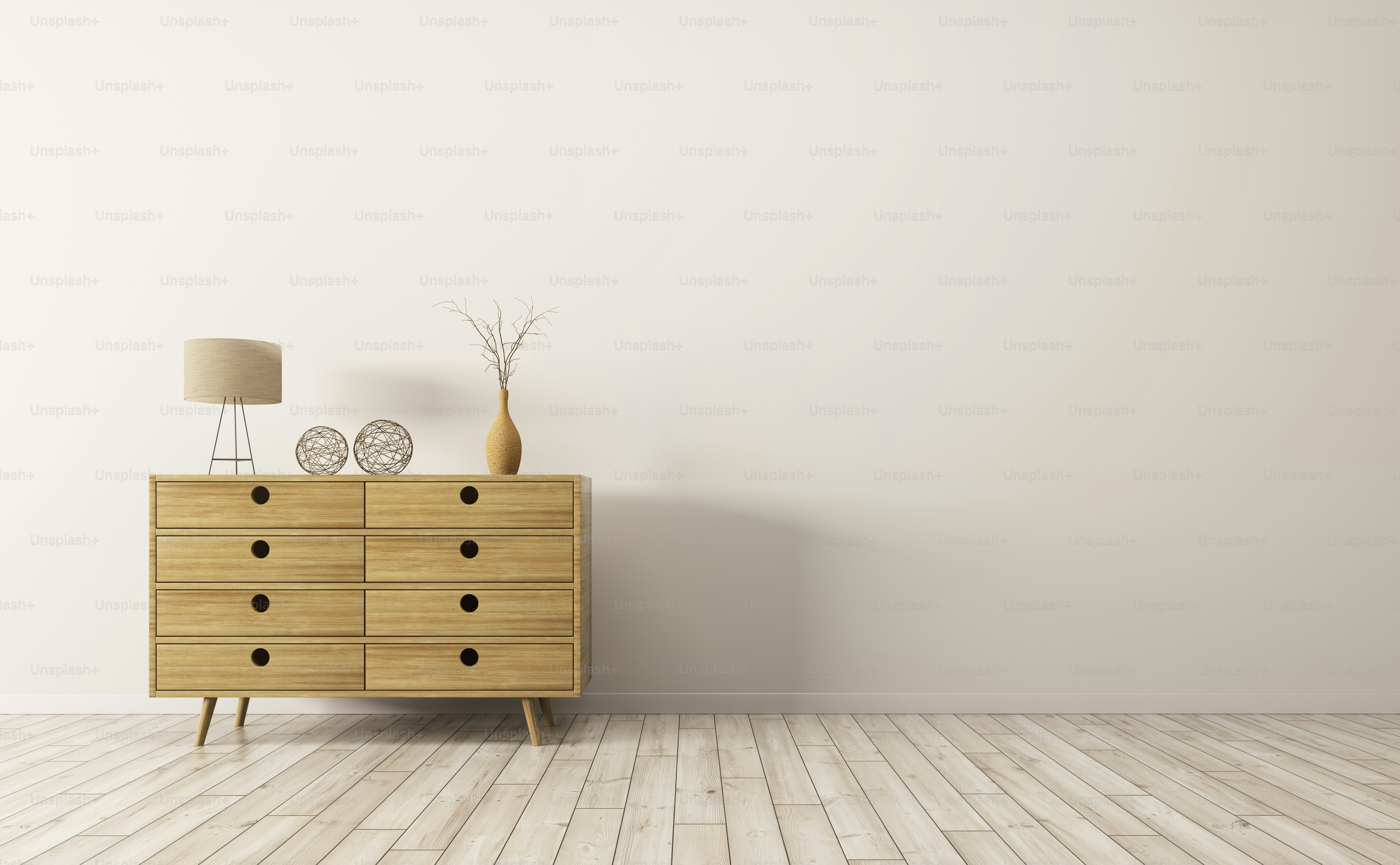 Modern interior of living room with wooden cabinet 3d rendering
