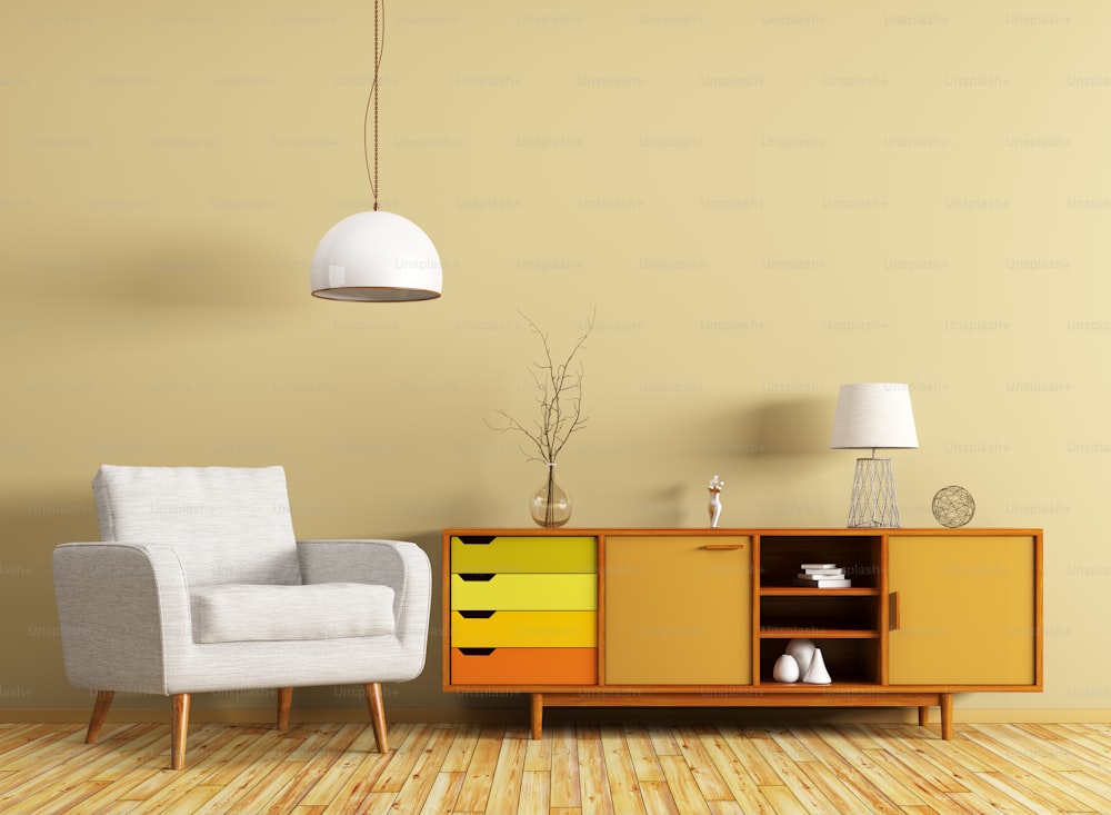 Interior moderno da sala de estar com cômoda de madeira e poltrona branca 3d renderização