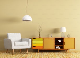 Interior moderno de la sala de estar con tocador de madera y sillón blanco 3d renderizado