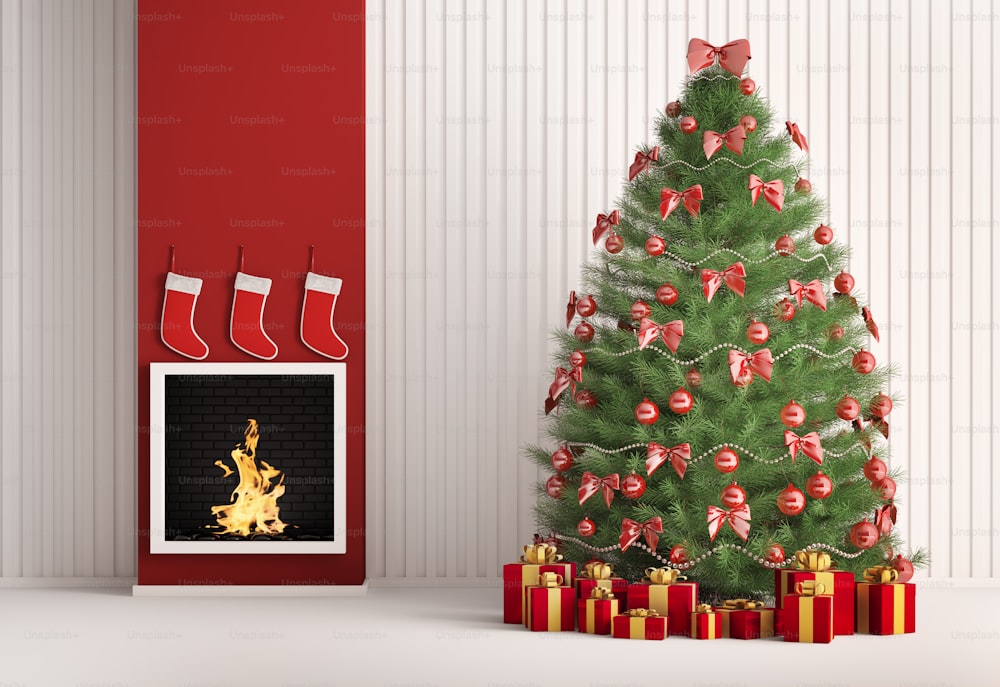 Weihnachtstannenbaum im Zimmer mit Kamin Interieur 3D-Rendering