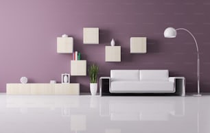 Interior of living room with sofa and shelves 3d render