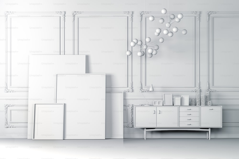 Renderizado 3D de hermoso interior limpio con paredes blancas y marcos en blanco
