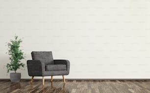 Interior of living room with black armchair and plant 3d rendering