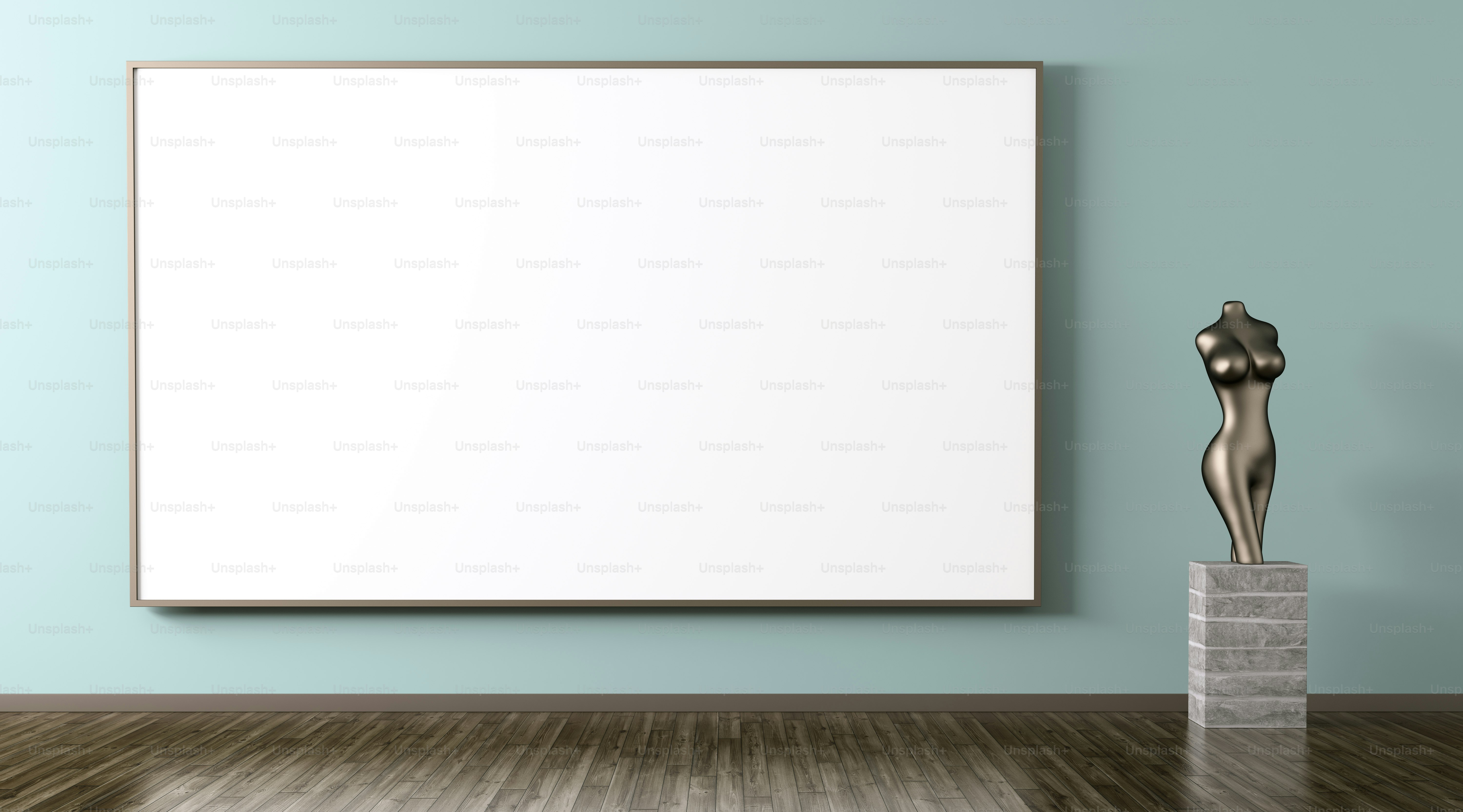 Großes Poster und Statuette im Raum über blauem Wandhintergrund 3D-Rendering