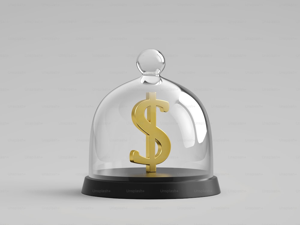 Golden dollar sign under glass bell jar. 3D rendering with clipping path