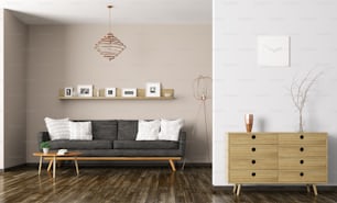 Interni moderni del soggiorno con divano nero e cassettiera Rendering 3d