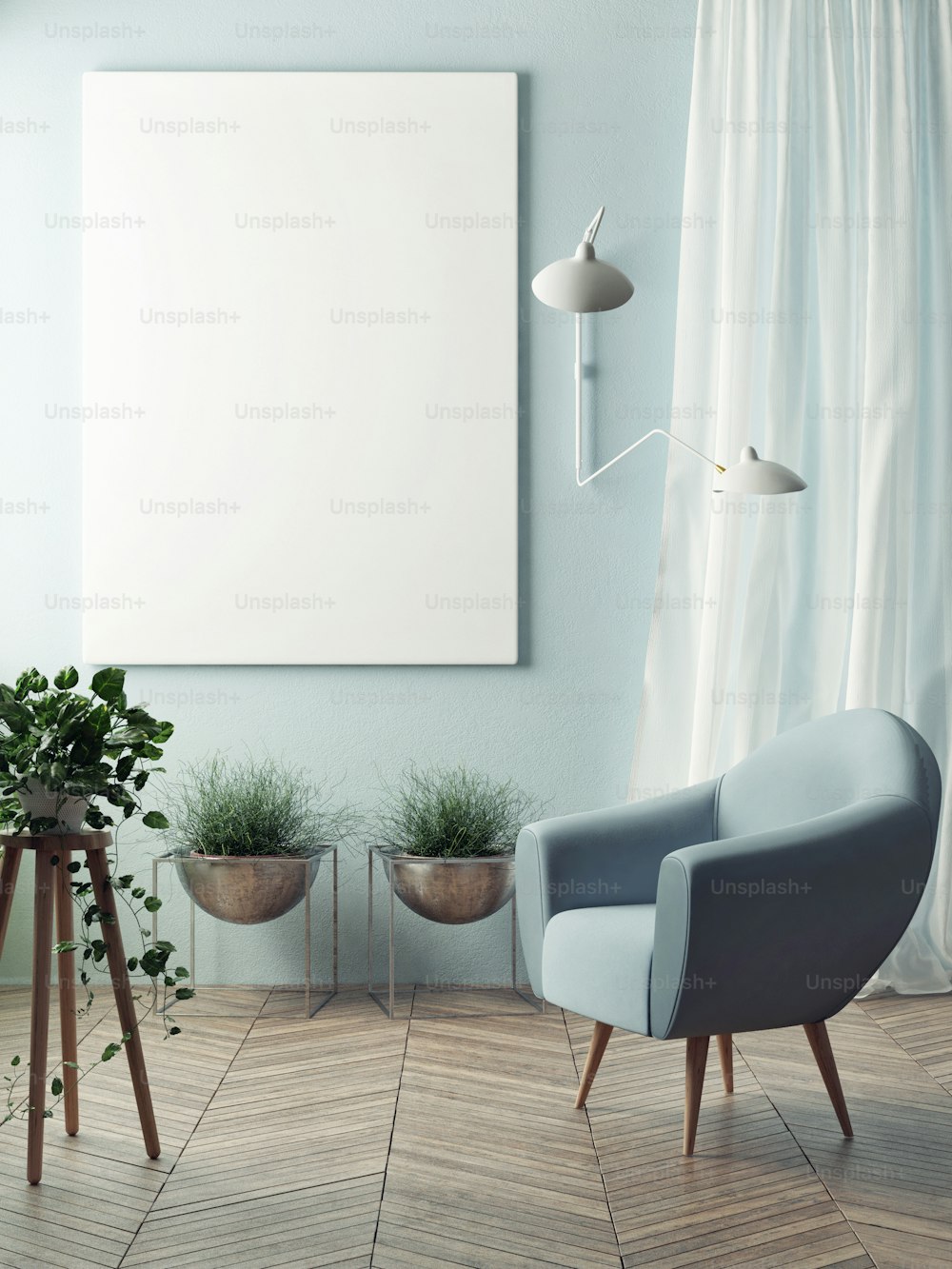 Maquete de pôster em branco na parede da sala de estar hipster, renderização 3D