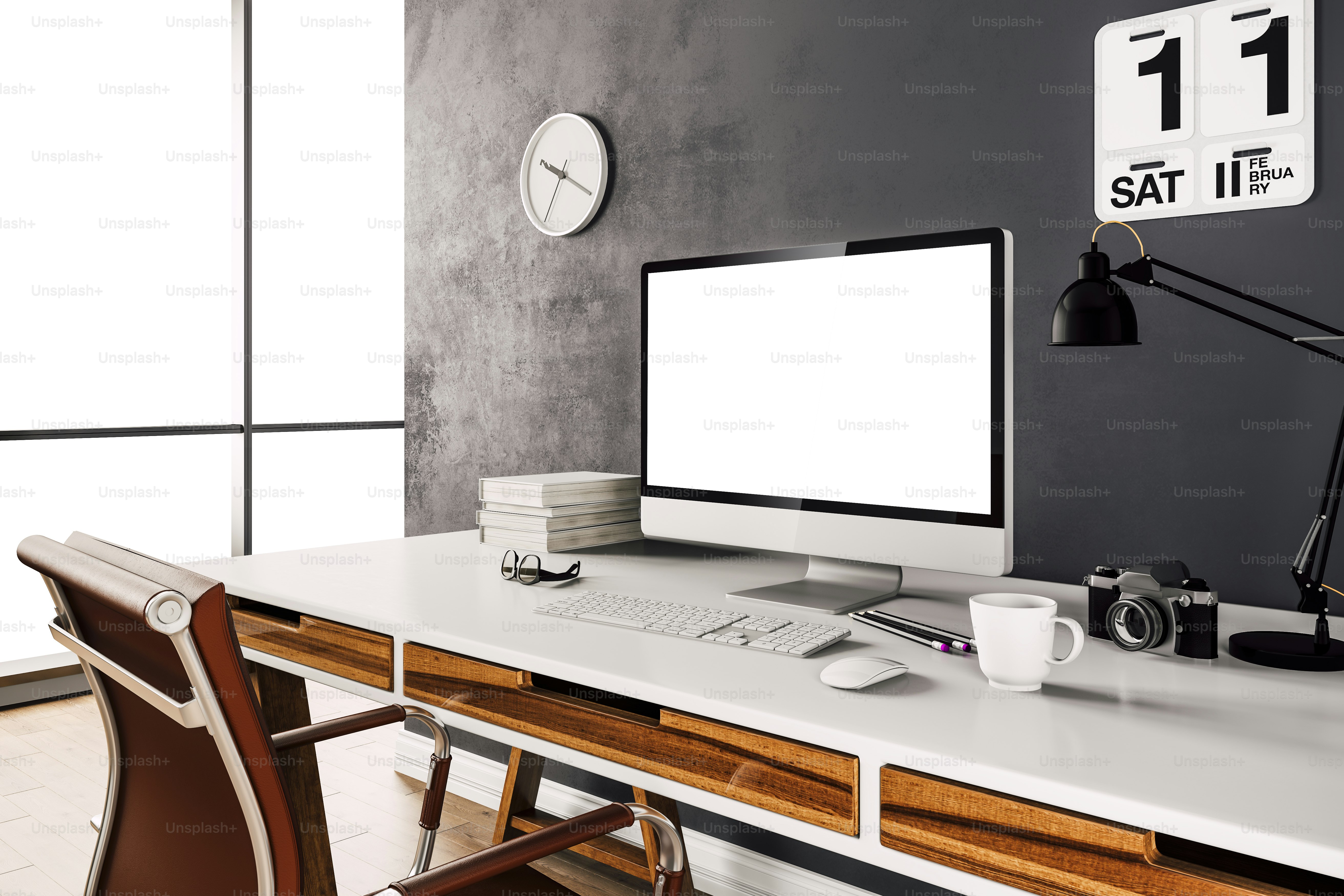3d render of modern computer workplace setup photo – Office Image on ...