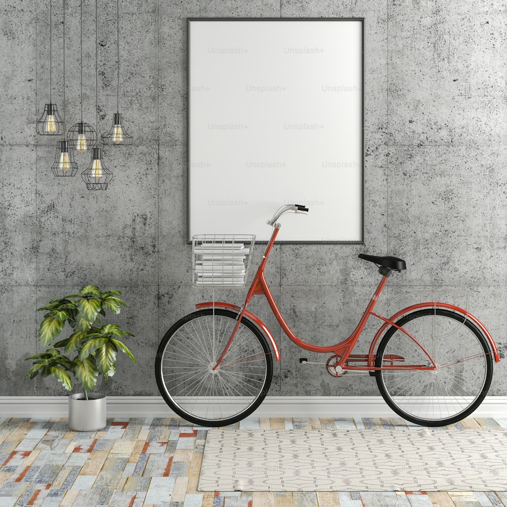 Interior 3D con cuadro en blanco y bicicleta
