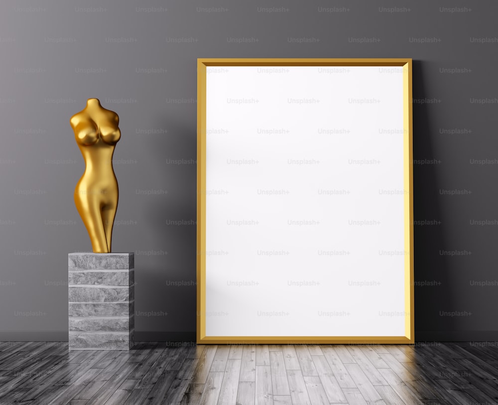 Interior with golden frame and statue background 3d rendering