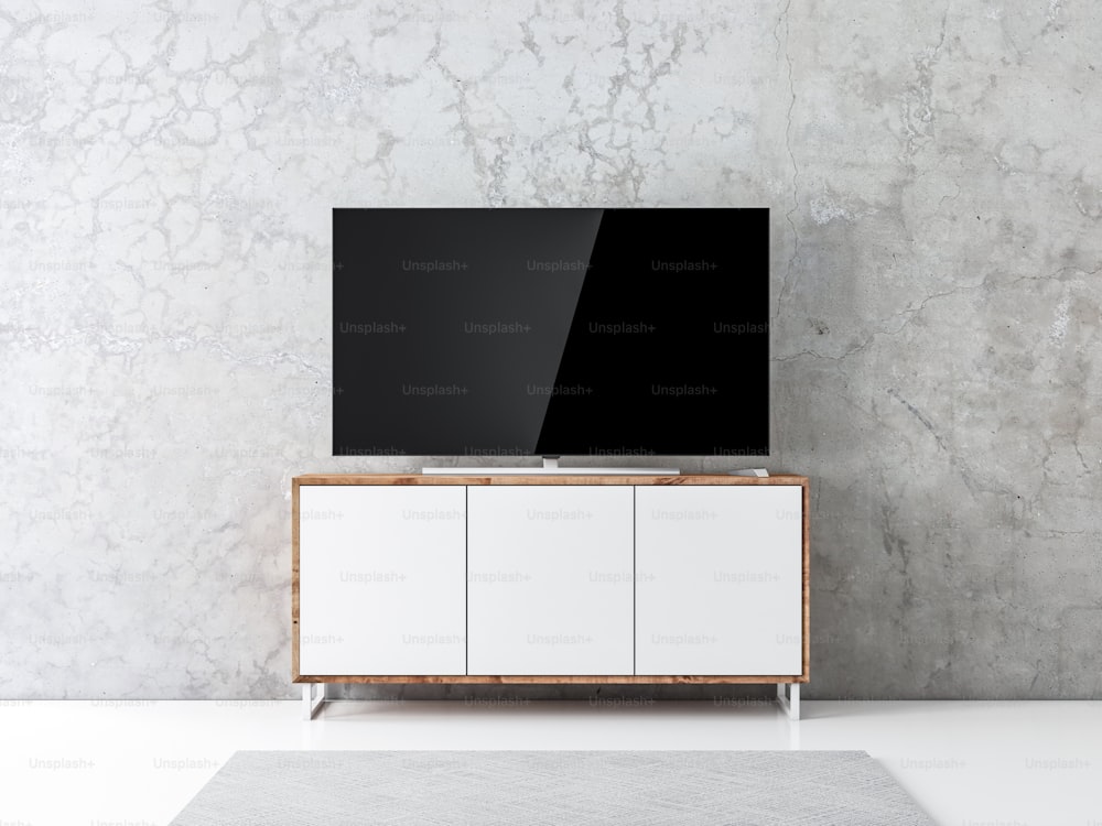 Smart Tv mockup su console di legno in soggiorno, rendering 3d