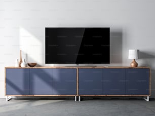 Maquette d’écran Smart Tv debout sur un bureau bleu dans un intérieur moderne, rendu 3D