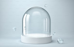 Leere Glaskuppel auf weißem Podium mit Glaskugeln. 3D-Rendering