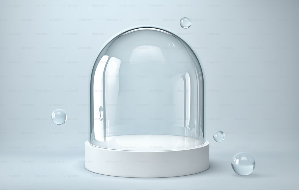 Empty glass dome on white podium with glass spheres. 3D rendering