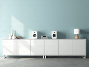 현대적인 오디오 스테레오 시스템 모형과 현대적인 인테리어의 국에 있는 흰색 스피커, 3d 렌더링