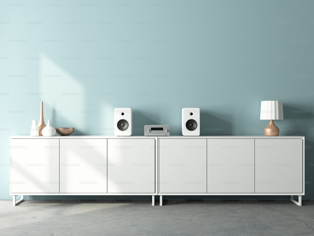 Mockup moderno del sistema audio stereo e altoparlanti bianchi sull'ufficio in interni moderni, rendering 3d