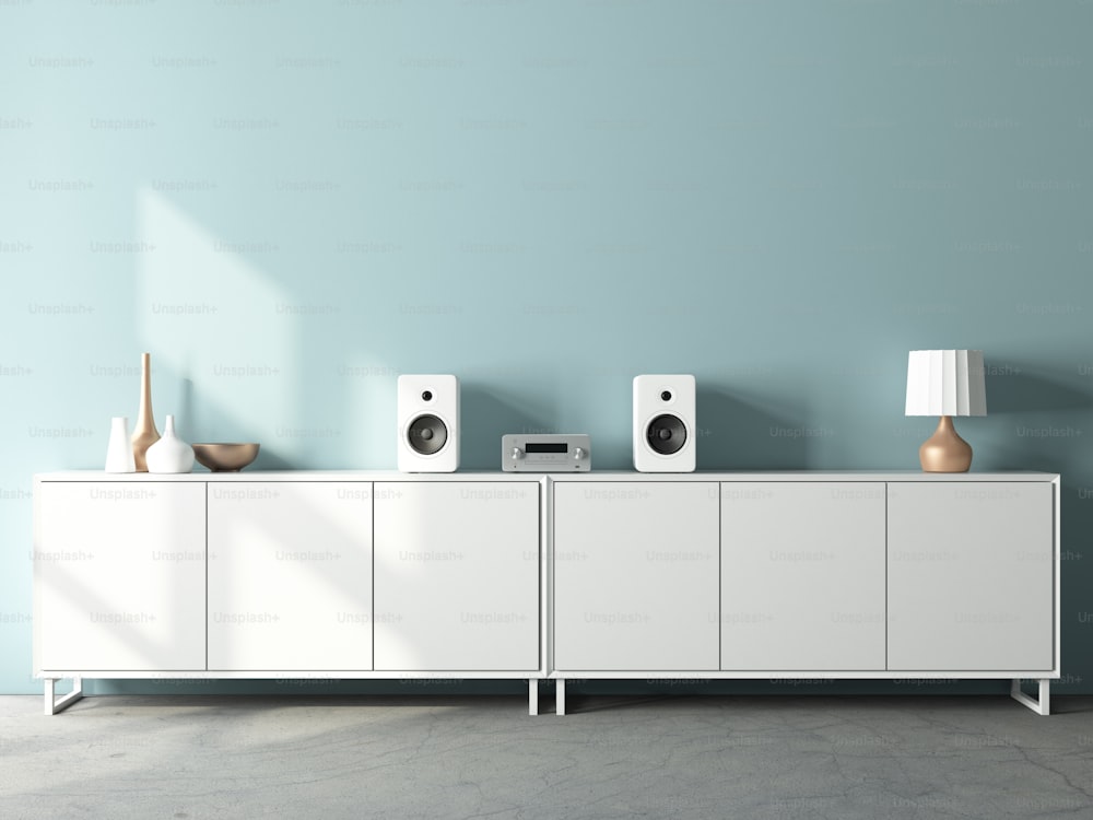 Modern audio stereo system mockup and white speakers on bureau in modern interior, 3d rendering