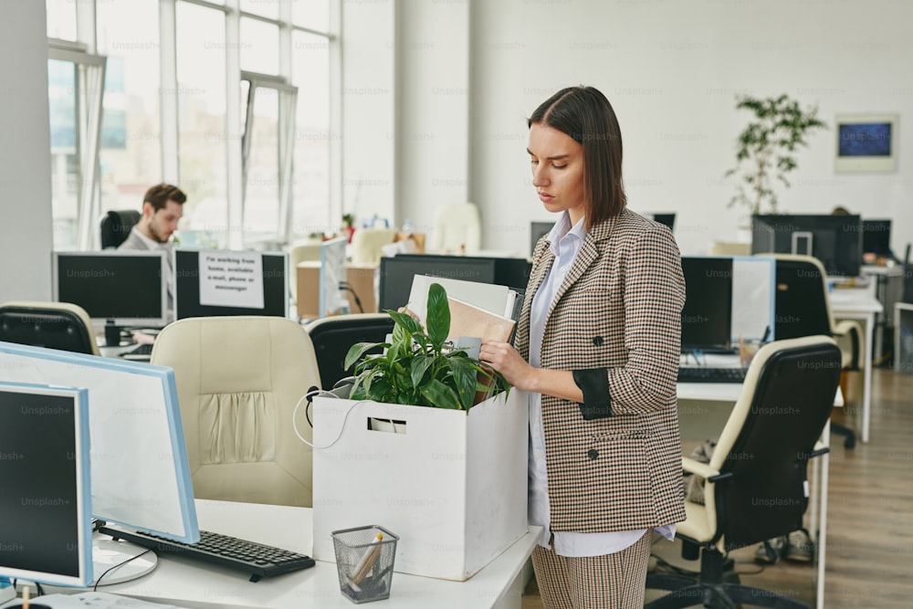 Contemporary young businesswoman putting green plant and documents into box while going to leave office and work from home