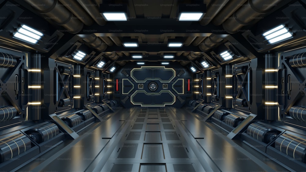 Ciência de fundo de ficção interior sala sci-fi corredores da nave espacial amarelo, renderização 3D