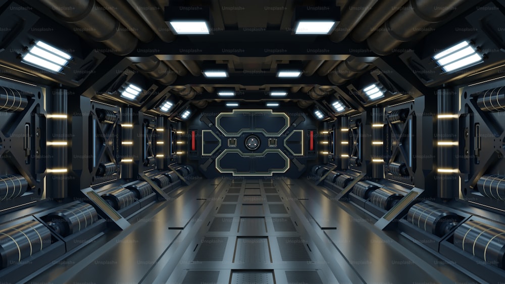 Science background fiction interior room sci-fi spaceship corridors yellow ,3D rendering