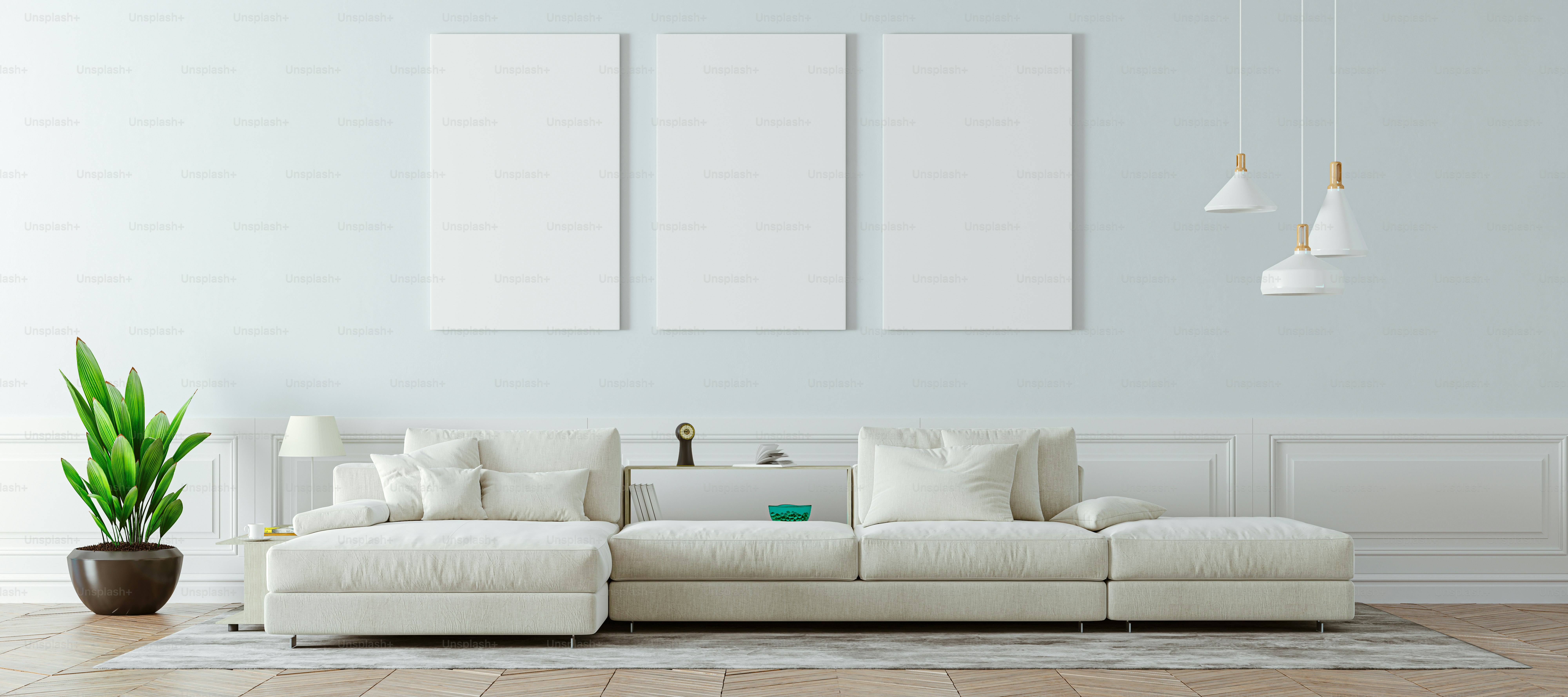 ソファと美しい清潔なインテリアの3Dレンダリング