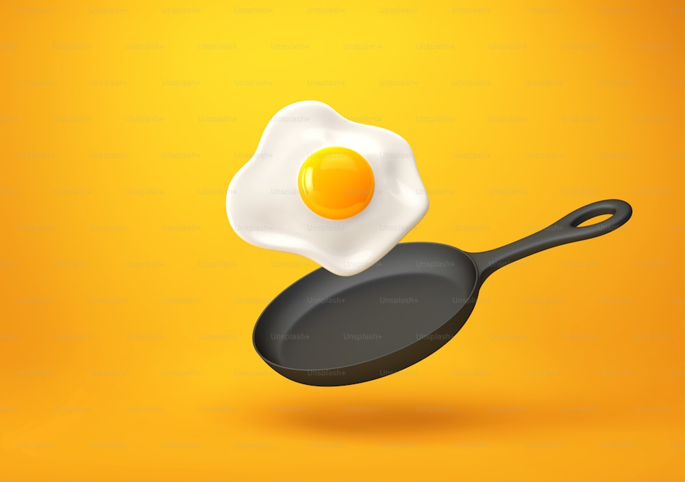 계란 후라이와 프라이팬이 주황색 배경에 분리되어 있다. 클리핑 패스를 사용한 3D 렌더링