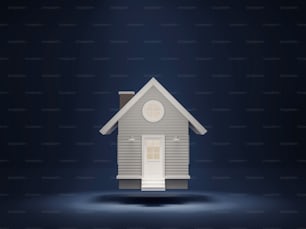 Una piccola casa che galleggia su uno sfondo blu scuro. Una luce che brilla dall'alto Rendi la casa più luminosa, rendering 3d