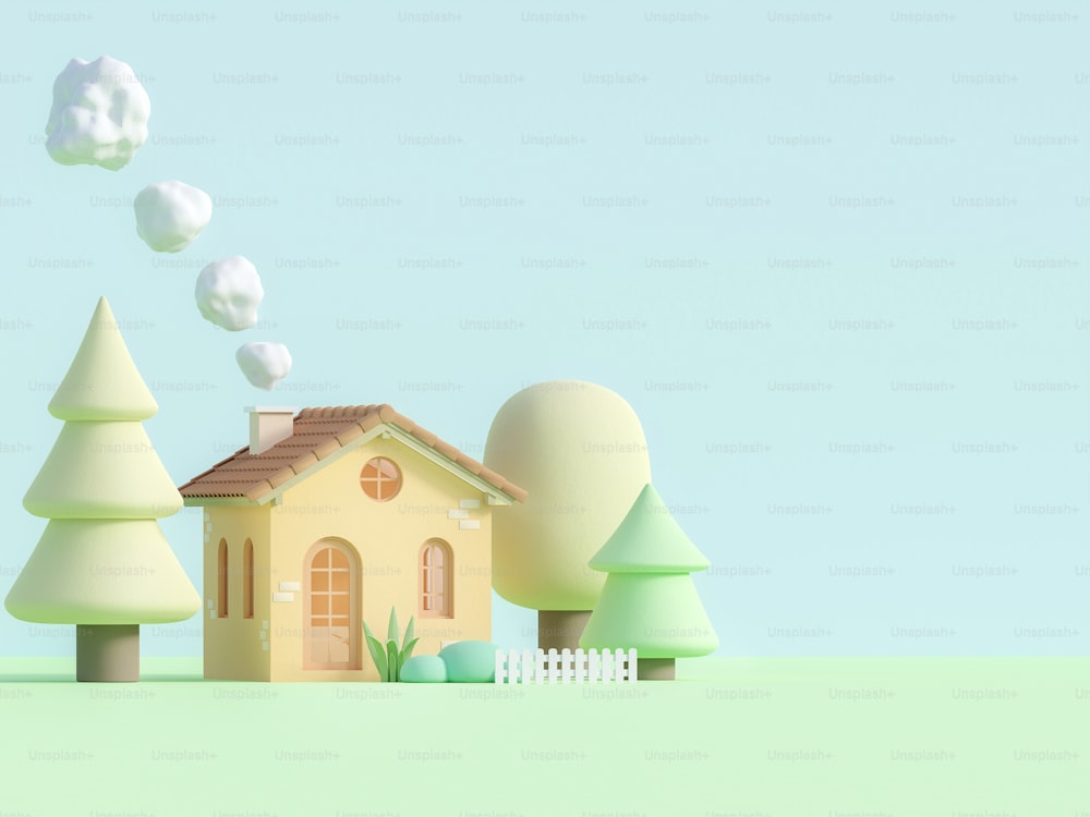 Piccola casa in stile cartone animato in color pastello 3d rendering, ha uno sfondo di colore blu piatto. Decorato con un basso poligono piante e recinzione,fumo emanato dal camino.