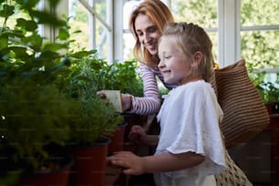 Adorable petite fille regardant les plantes vertes et souriant tout en passant du temps avec maman à l’orangerie