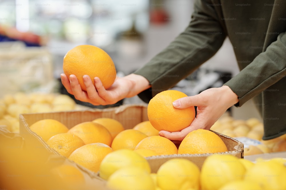 Close-up of unrecognizable woman in sweater comparing oranges while buying it at food market