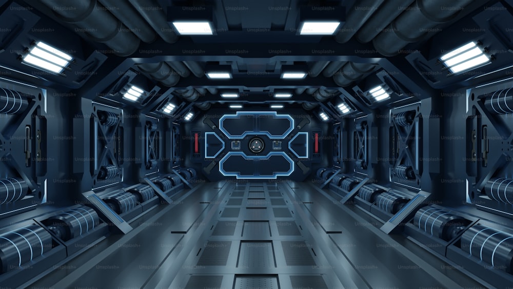 공상 과학 배경 소설 실내 방 공상 과학 우주선 복도 파란색, 3D 렌더링
