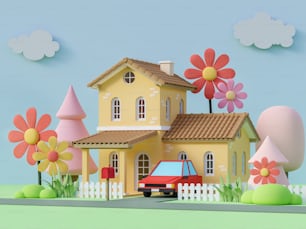Cartoon-Stil erstaunliches Haus 3D-Rendering, Es hat ein gelbes Haus und ein rotes Auto, Dekoriert mit bunten Pflanzen mit niedrigem Polygon und Blume mit blauem Himmel und Wolkenhintergrund.