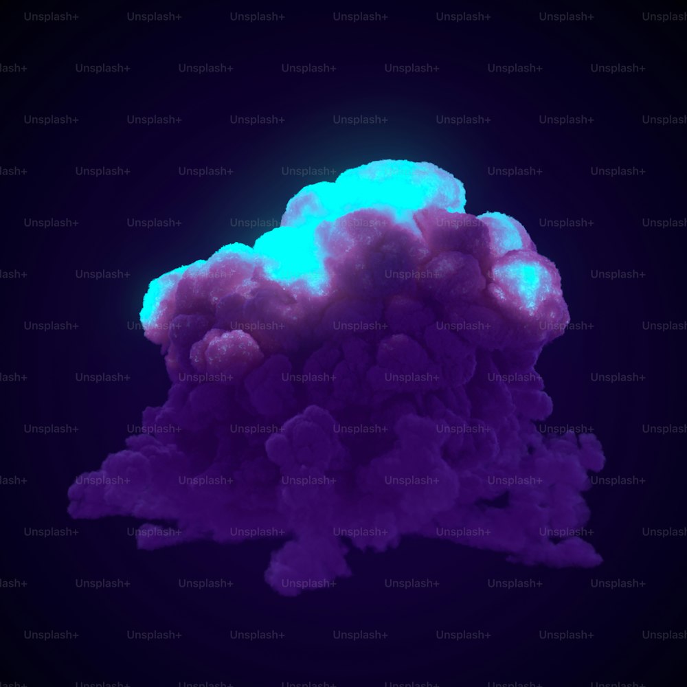 Fantástica explosión de fuego con gran nube de humo violeta tóxico sobre fondo oscuro para diseño gráfico. Efecto de resplandor abstracto. Ilustración digital de renderizado 3D