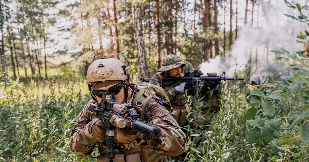 Reconnaissance Operations Group of soldiers in uniform moving through forest bushes while ...