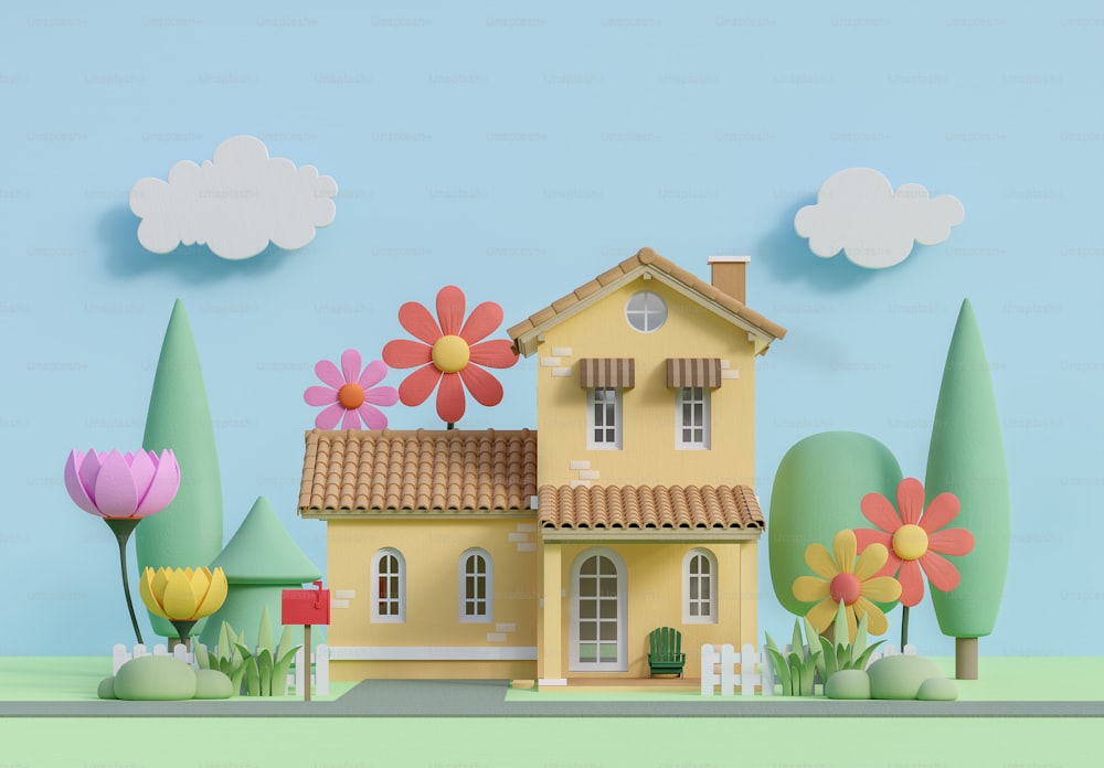 Davanti alla piccola casa in color pastello immagine in stile cartone animato 3d rendering, ha uno sfondo di colore blu piatto. Decorato con un basso poligono piante e fiori