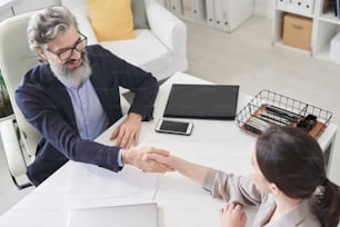 Foto de visão em ângulo de homem e mulher sentados na mesa do escritório um na frente do outro apertando as mãos após entrevista de emprego
